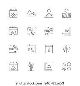 Juego de iconos de estaciones. Icono de línea delgada. Trazo editable. Conteniendo el descanso de primavera, la hierba, el calendario, el viento, la nieve, el otoño, el verano, el árbol, la primavera, el viento, la hoja, las estaciones.