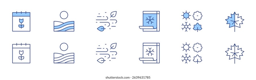 Seasons icon set in two styles, Duotone and Thin Line style. Editable stroke. spring, calendar, seasons, wind, leaf.