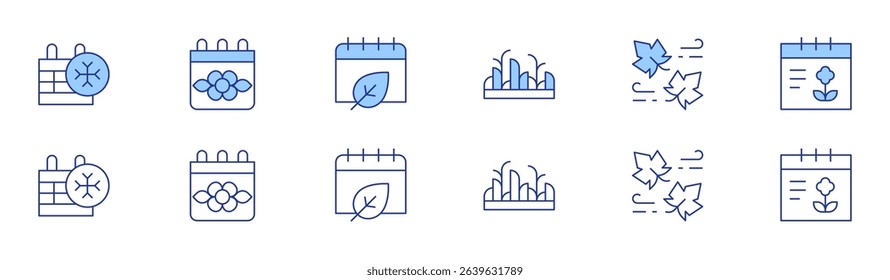 Seasons icon set in two styles, Duotone and Thin Line style. Editable stroke. snow, grass, spring break, windy, calendar.