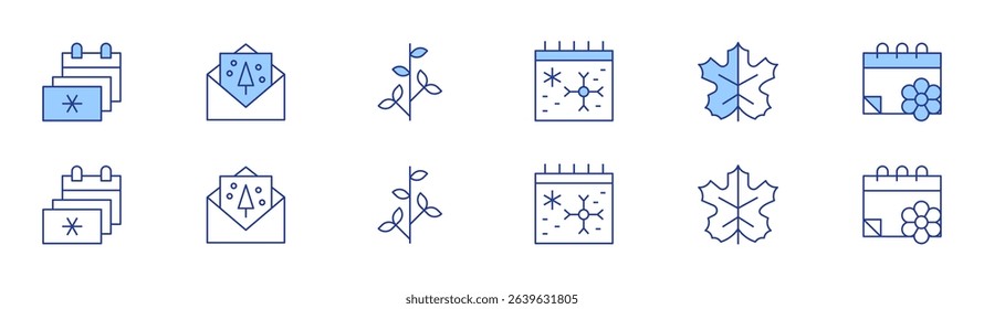 Seasons icon set in two styles, Duotone and Thin Line style. Editable stroke. seasons, winter, greeting card, maple leaf, tree branch, calendar.