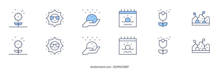 Seasons icon set in two styles, Duotone and Thin Line style. Editable stroke. pollen, summer, sun, snow ball, bush.