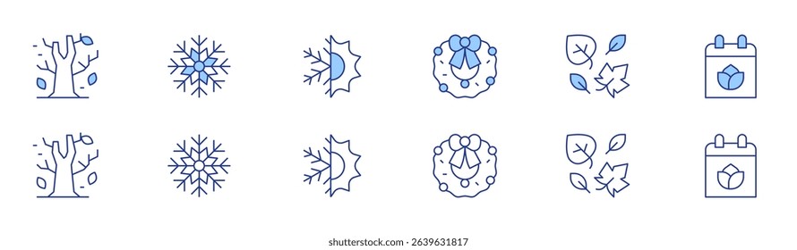 Seasons icon set in two styles, Duotone and Thin Line style. Editable stroke. autumn, wreath, snowflake, leaves, season, spring.