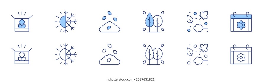 Seasons icon set in two styles, Duotone and Thin Line style. Editable stroke. box, tree, season, leaves, calendar.