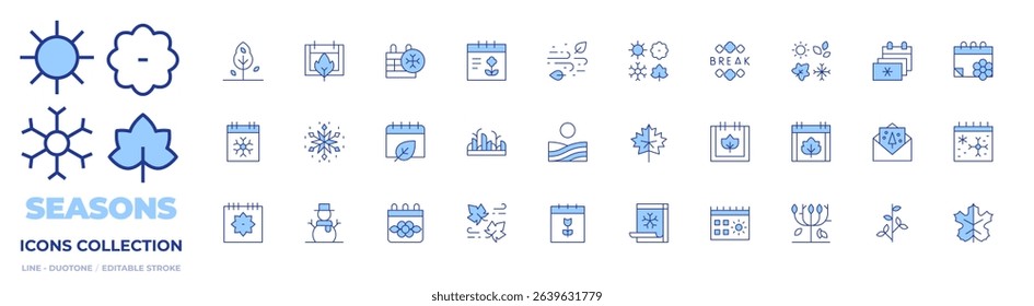 Seasons icons collection. Line Duotone style, editable stroke. spring, snow flake, snow, grass, calendar, spring break, plant, seasons, winter, autumn, windy, wind.