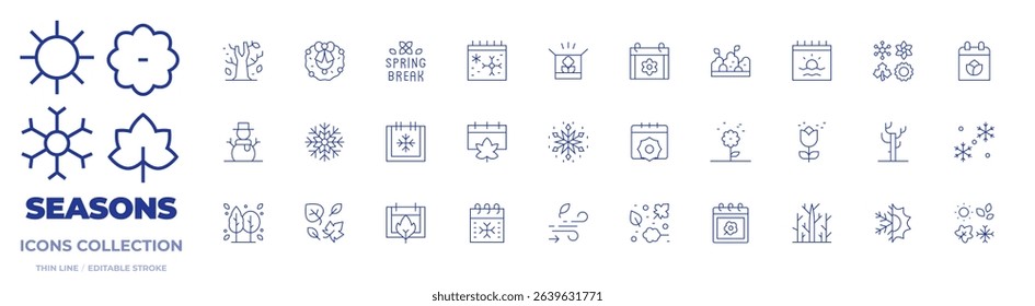Seasons icons collection. Thin Line icons, editable stroke. spring break, bush, autumn, pollen, calendar, winter, leaves, summer, tree, dry tree, box, wreath, sun.