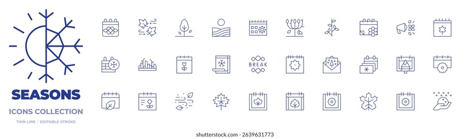 Seasons icons collection. Thin Line icons, editable stroke. spring break, announce, grass, calendar, summers, winter, windy, plant, snow ball, snow, autumn, wind.