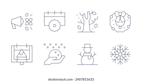 Seasons icons. Editable stroke. Containing announce, summers, winter, snow ball, autumn, wreath, snowman, snowflake.
