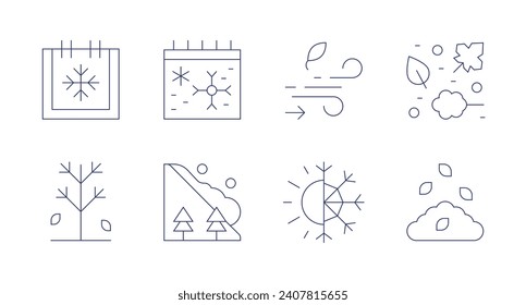 Seasons icons. Editable stroke. Containing winter, leaves, tree, avalanche, storm, season.