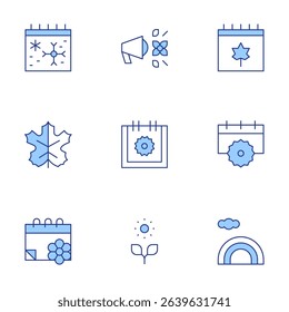 Seasons icons set. Line Duotone style, editable stroke. winter, announce, autumn, maple leaf, summer, summers, calendar, sprout, rainbow.