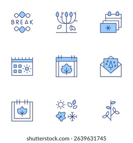 Seasons icons set. Line Duotone style, editable stroke. spring break, plant, seasons, calendar, greeting card, autumn, tree branch.