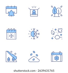 Seasons icons set. Line Duotone style, editable stroke. autumn, box, tree, calendar, season, leaves, avalanche.