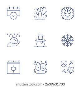 Seasons icons set. Thin Line style, editable stroke. summers, snow ball, autumn, wreath, snowman, snowflake, tree, leaves.