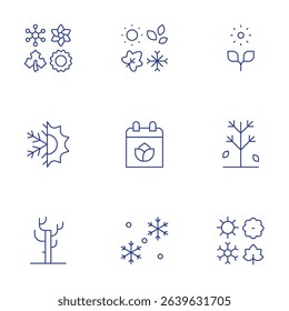 Seasons icons set. Thin Line style, editable stroke. sprout, tree, spring, snowfall, season, seasons.