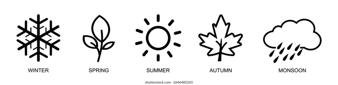 Seasons icons vector illustration. Winter, spring, summer, fall sign, Monsoon. Snowflake, leaf, sun, autumn leaf Line art design. Four Seasons symbols summer, winter, spring, autumn icon, Rain icon.