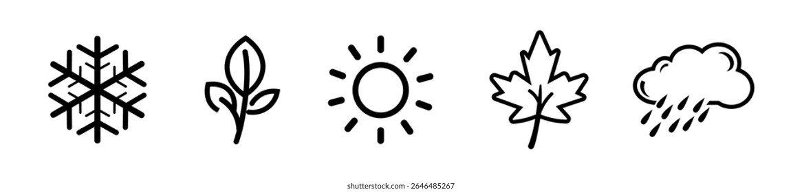 Seasons icons vector illustration. Winter, spring, summer, fall sign, Monsoon. Snowflake, leaf, sun, autumn leaf Line art design. Four Seasons symbols summer, winter, spring, autumn icon, Rain icon.