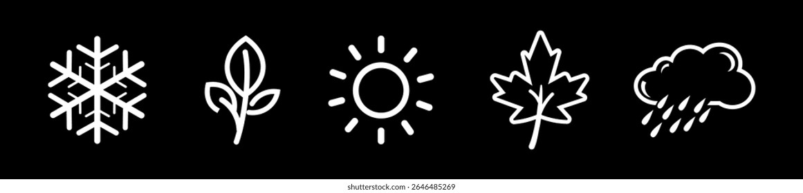 Seasons icons vector illustration. Winter, spring, summer, fall sign, Monsoon. Snowflake, leaf, sun, autumn leaf Line art design. Four Seasons symbols summer, winter, spring, autumn icon, Rain icon.