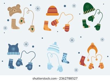 Season's knitted accessories set. Hats, mittens, socks.A set of winter hats, mittens, socks, warm accessories for cold weather, autumn and winter. Vector illustration