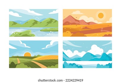 El paisaje de las estaciones. Colección de afiches o banners para el sitio web. Naturaleza, viajes y aventura al aire libre. Estética y belleza. Ilustraciones de caricaturas de vectores planos aisladas en fondo blanco