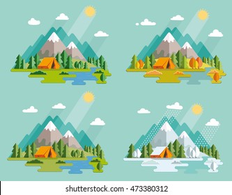 Seasons landscape set. Solitude in nature by the river. Weekend in the tent. Hiking and camping. Vector flat illustration
