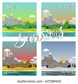 Seasons landscape set. Vacation in the tent. Camping and hiking. Vector illustration in flat design style.