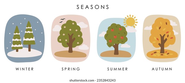 Seasons landscape set vector, abstract season tree vector, seasons illustration, plants vector