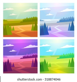 Seasons landscape vector illustrations in flat polygon style. 