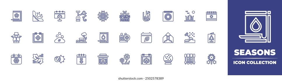 Seasons line icon collection. Editable stroke. Vector illustration. Containing calendar, snowflake, winter, leaves, snowman, rainy, discounttag, avalanche, spring, park.