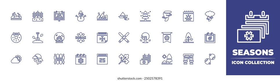 Seasons line icon collection. Editable stroke. Vector illustration. Containing christmaswreath, winterseason, forest, shovel, snowball, snowman, winter, grass, bush, springbreak.