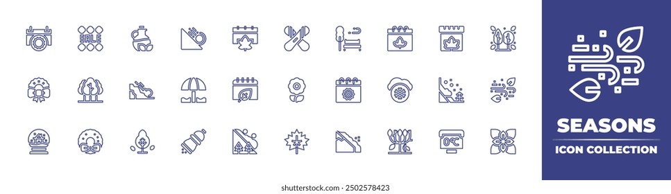 Seasons line icon collection. Editable stroke. Vector illustration. Containing seasoning, calendar, forest, christmaswreath, beachumbrella, autumntree, wreath, snowball, avalanche.