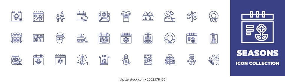 Seasons line icon collection. Editable stroke. Vector illustration. Containing winter, snowplow, santaclaus, shovel, ski, autumn, card, calendar, box, suitcase, soybean.