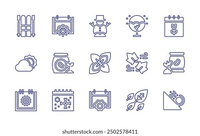 Seasons line icon set. Editable stroke. Vector illustration. Containing windy, summer, ski, christmastree, suncloud, snowman, spring, winter, leaves, soybean, oregano.