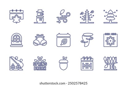 Seasons line icon set. Editable stroke. Vector illustration. Containing storm, bikini, tornado, acorn, calendar, snowman, avalanche, window, drytree, autumn, springbreak.