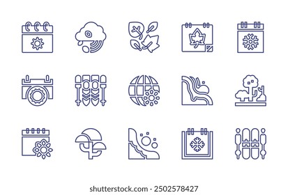 Seasons line icon set. Editable stroke. Vector illustration. Containing winter, ski, mushroom, rain, calendar, leaves, snowavalanche, globe, avalanche, forest.