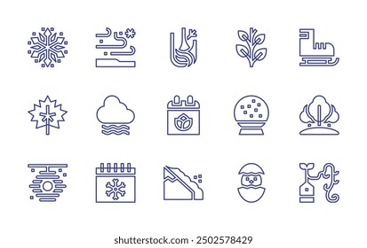 Symbolsatz für Jahreszeiten Bearbeitbarer Strich. Vektorgrafik. Enthaltend Küken, Schneeflocken, Bienenstock, Blatt, Nebel, Frühling, Lawine, Schneeball, Zweig, Kalender, Schnee, Fenchel.
