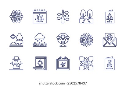 Conjunto de iconos de línea de temporadas. Trazo editable. Ilustración vectorial. Contiene muñeco de nieve, árbol, árbol de otoño, lluvioso, lluvia, otoño, primavera, verano, flor, girasol, orégano, pino.