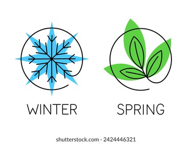 Saisons lineare Symbole gesetzt. Runden mit Schneeflocken und Blatt. Winter und Frühling. Doodle-Skizze. Grafisches Element für Website. Outline-flache Vektorgrafik, einzeln auf weißem Hintergrund