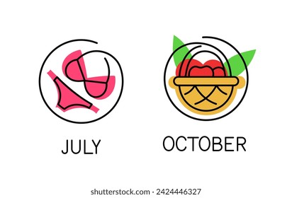 Seasons linear icons set. Rounds with swimsuit and basket with fruits. July and October. Doodle sketch. Graphic element for website. Outline flat vector collection isolated on white background