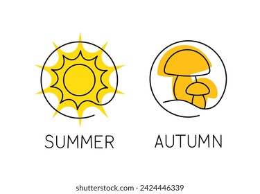 Saisons lineare Symbole gesetzt. Runden mit Sonne und Pilzen. Sommer und Herbst. Doodle-Skizze. Grafisches Element für Website. Outline-flache Vektorgrafik, einzeln auf weißem Hintergrund