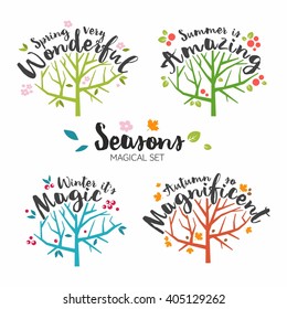 Seasons magic set with trees, typography, leaves, flowers and berries & Winter Summer Spring Autumn