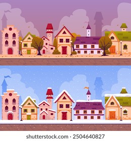 Seasons in a medieval city. A set of vector cityscapes showcasing the streets of an old city with European architecture, covered with winter snow and autumn foliage. Flat cartoon illustration.