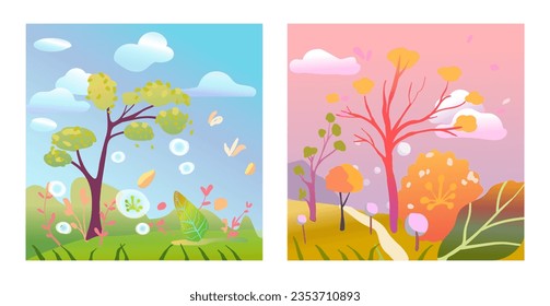 Temporadas, naturaleza en diferentes periodos. Ilustración vectorial, concepto de cambio de temporadas. Invierno de verano de primavera. Cartel.