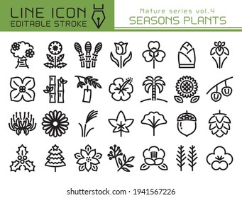 Seasons plants vector icon set.  Editable line stroke.