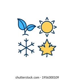 Seasons RGB color icon. Spring, winter, summer. Fall, autumn. Impact on light, temperature, precipitation and weather. Seasonal changes in surrounding environment. Isolated vector illustration