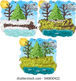 Seasons, spring months - March April May. In the style of round pixels.