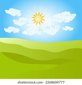 seasons spring summer sun in the blue sky clouds rays heat sows glade grass field meadow warms the earth agriculture morning day dawn