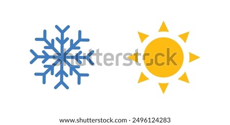 Seasons summer winter icon. Cold or hot weather icon. Seasons icons, signs, symbols. Blue Snowflake, Yellow Sun. Line art vector illustration