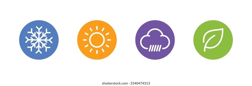 Seasons summer winter spring autumn colorful icon set. Four seasons icons, signs, symbols. Winter spring summer fall. Snowflake, leaf, sun, autumn leaf. Line art