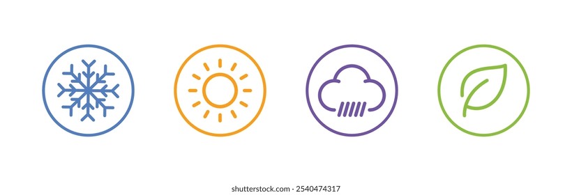 Seasons summer winter spring autumn colorful icon set. Four seasons icons, signs, symbols. Winter spring summer fall. Snowflake, leaf, sun, autumn leaf. Line art