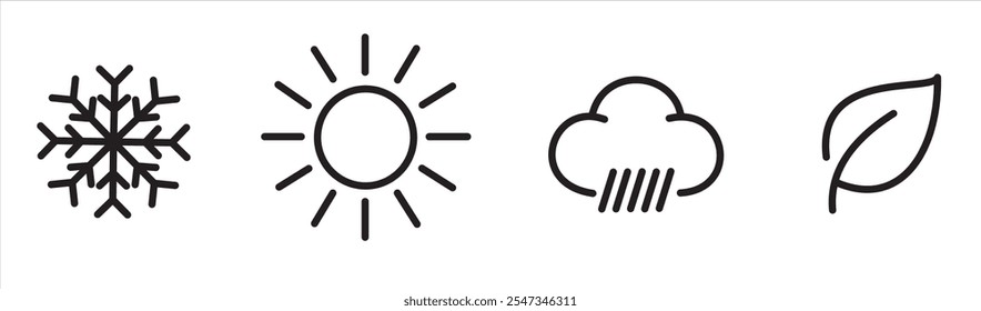 Estaciones verano invierno primavera otoño icono. Iconos de cuatro estaciones, signos, símbolos. Invierno primavera verano otoño. Copo de nieve, hoja, sol, hoja de otoño. Arte lineal