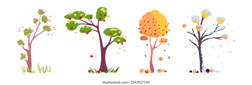 Seasons, trees in different periods. Vector illustration, concept of change of seasons. Spring Summer Autumn Winter.